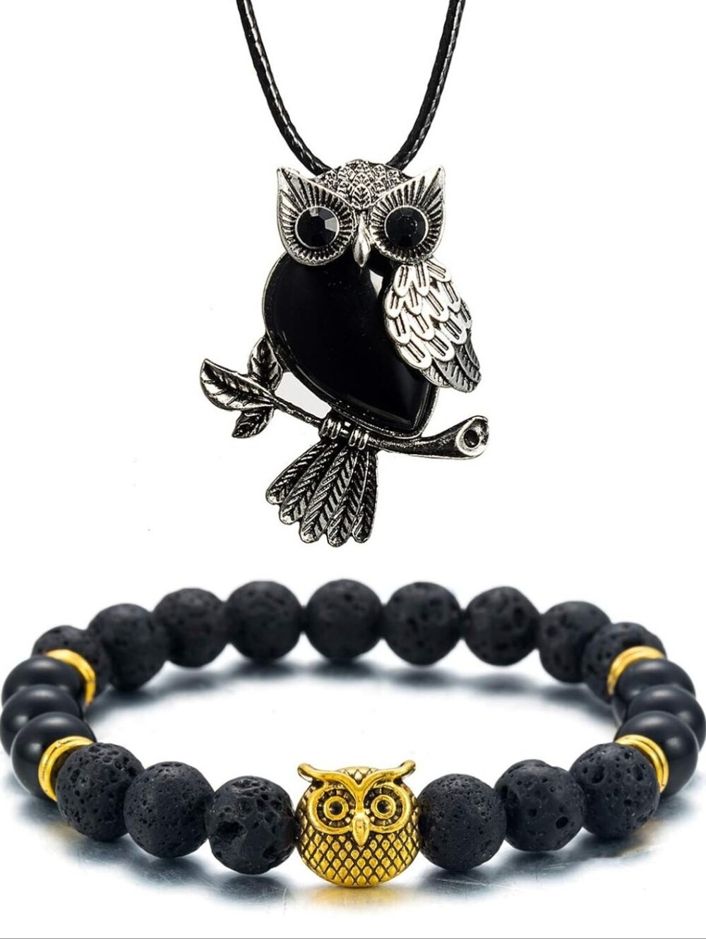 Black & Gold Owl Pendant Necklace and Lava Bead Bracelet Set
